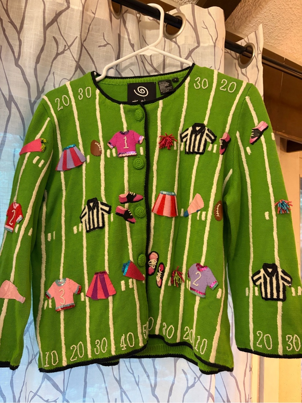 Michael Simon Whimsical Green Women’s Football-Themed Cardigan Jacket